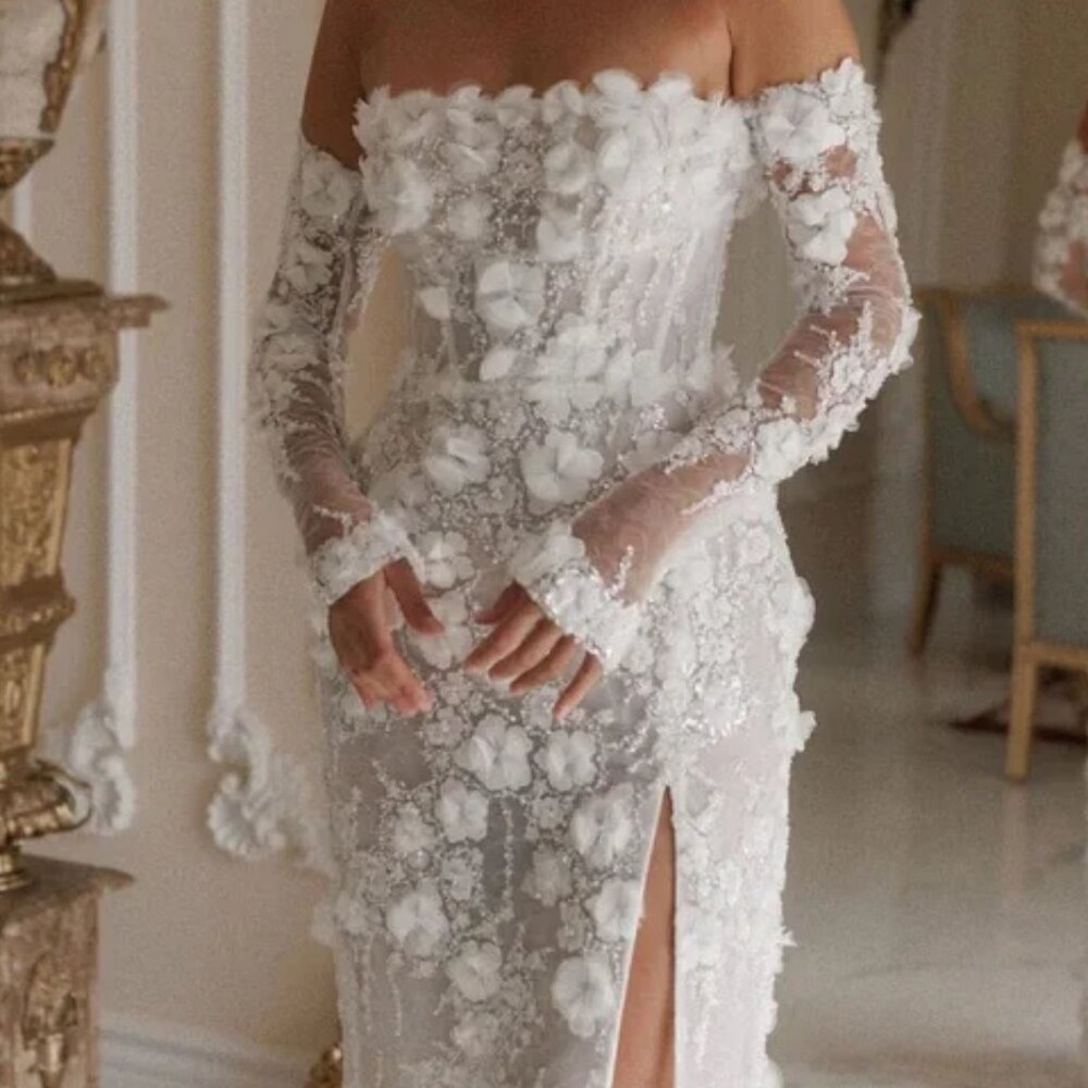 Chic Strapless White Floral Gown